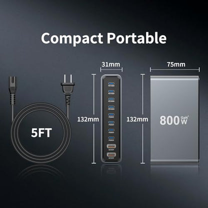 800W GaN3 10-Port USB-C Charging Station - Fast Charger for Laptops, Tablets, Smartphones, and More (Black) - size: 800WGaN3