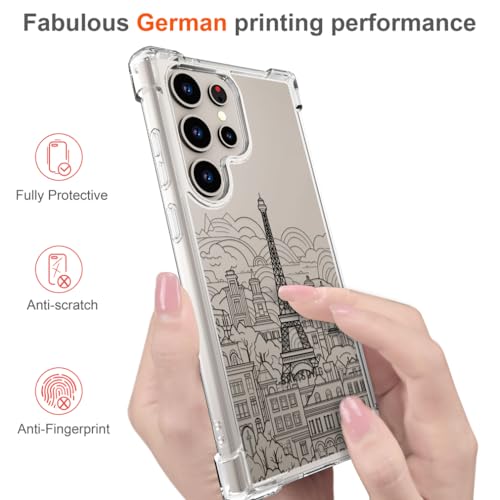 Hungo Galaxy S24 Ultra Case for Women Clear Design Cute,Girly Girls Case Compatible with Samsung Galaxy S24 Ultra Eiffel Tower Paris Cityscape Clouds Buildings Skyline City Tour - color: Cityscape