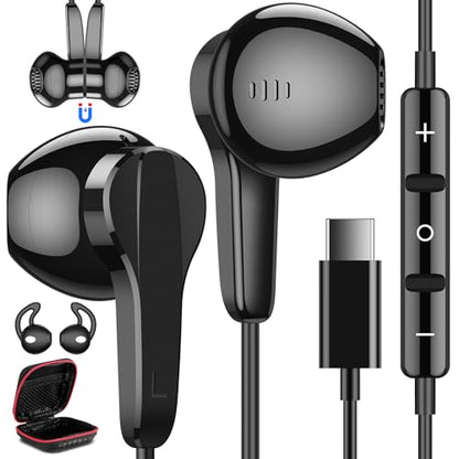 USB C Headphones Wired for Samsung S26 S25 Ultra S24 S23 Fe S22, Black - color: Black