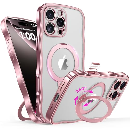 GolbinBox iPhone 16 Pro MagSafe Ring Stand Wave Case, Pink/Clear | Premium electroplated wave frame, stable MagSafe charging, reinforced corners, and raised camera and screen edges. - color: Pink/Clear, size: For iPhone 16 Pro 6.3 Inch
