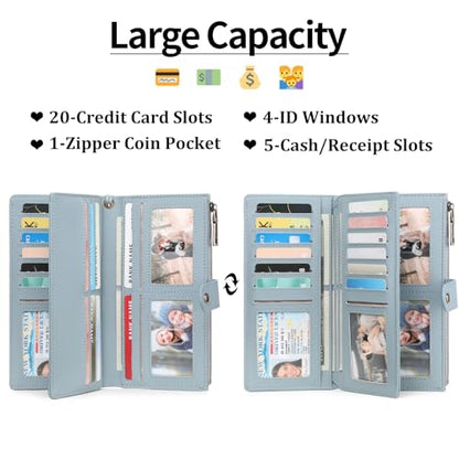 GAEKEAO Wallets for Women Leather RFID Blocking Large Capacity Card Case Ladies Wristlet Clutch Wallets Zipper Pocket with 4 ID Windows 20 Card Slots - color: Light Blue