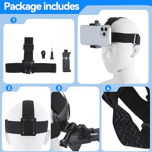Head-Mounted Mobile Phone Holder,First-Person View Video Outdoor Live Shooting Bracket with Phone Clip(4"-7") for iPhone Samsung Smartphones and GoPro Insta360 Sony DJI Action Camera Head Mount Strap