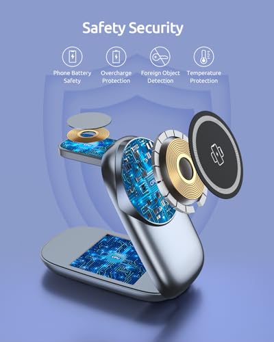 3-in-1 Wireless Charging Station for MagSafe,Foldable Magnetic Stand for iPhone 17/Air/16/15/14/13/12 Series, Apple Watch/AirPods,15W Fast Wireless Charger for Home/Office/Travel