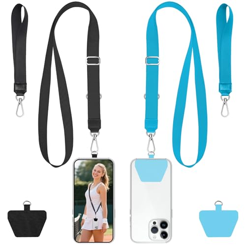 takyu Phone Lanyard, 2 Pack Adjustable Anti-Drop Neck/Wrist Strap with 2 PcsTether Patches, Secure Hands-Free Compatible for iPhone Samsung Perfect for Nurses, Teachers, Travel, Hiking Black+Blue - color: Black + Blue