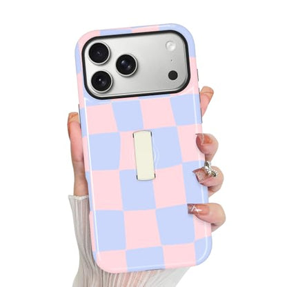 KANGHAR Compatible with iPhone 17 Pro Case Checkered -Pink Blue | Silicone Cute Pattern, Finger Hold Wristband Kickstand Camera Protection Soft Slim Phone Case for Girls Women - color: (Checkered)Pink Blue, size: iPhone 17 Pro