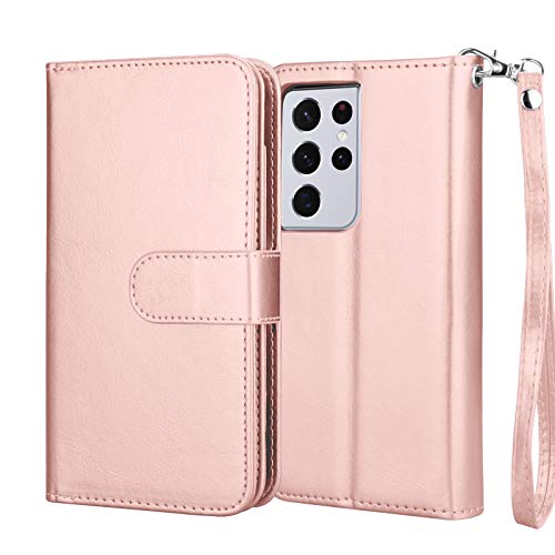 Njjex Wallet Case for Samsung Galaxy S21 5G, For Galaxy S21 Case, [9 Card Slots] PU Leather ID Credit Holder Folio Flip [Detachable] Kickstand Magnetic Phone Cover & Lanyard for Samsung S21 [RoseGold] - color: Rose Gold
