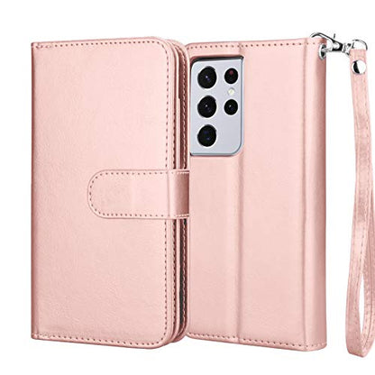 Njjex Wallet Case for Samsung Galaxy S21 5G, For Galaxy S21 Case, [9 Card Slots] PU Leather ID Credit Holder Folio Flip [Detachable] Kickstand Magnetic Phone Cover & Lanyard for Samsung S21 [RoseGold] - color: Rose Gold
