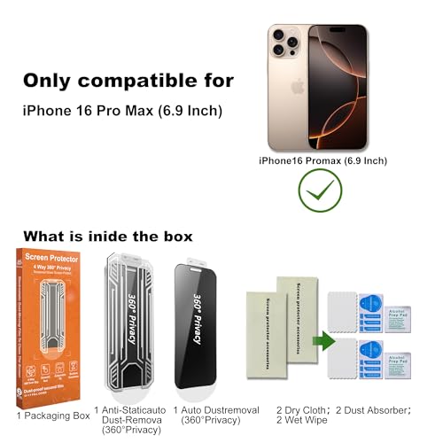 360° 4-Way Anti-Spy Tempered Glass Privacy Screen Protector for iPhone 16 Pro Max - 2-Pack, Shatterproof, Scratch-Resistant, Easy Mounting Frame Included - size: for iPhone 16 Pro Max