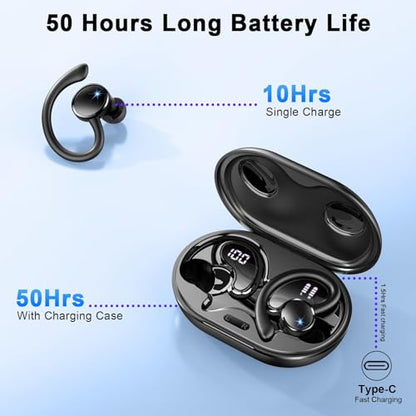 Wireless Earbuds, Bluetooth 5.4 Headphones, 75H Deep Bass Sound, Earhook - color: Jet-Black
