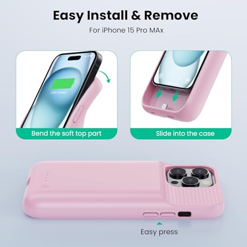 Battery Case for iPhone 15 Pro Max,Powerful 8600mah Ultra-Slim Protective Charging Case,15W Fast Charging Portable Rechargeable Expandable Battery Charger Cover for iPhone 15 Pro Max(6.7inch)-Pink - color: Pink