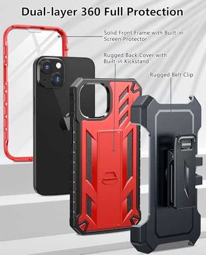 for iPhone 13/14/15 Phone Case: for iPhone 16e Protective Cover with Belt Clip Holster | Durable Dual-Layer Design with Built-in Kickstand | Heavy Duty Military Grade Hard Protection Shock Proof | Built-in Screen Protector, 20FT Military-Grade Drop Shockp