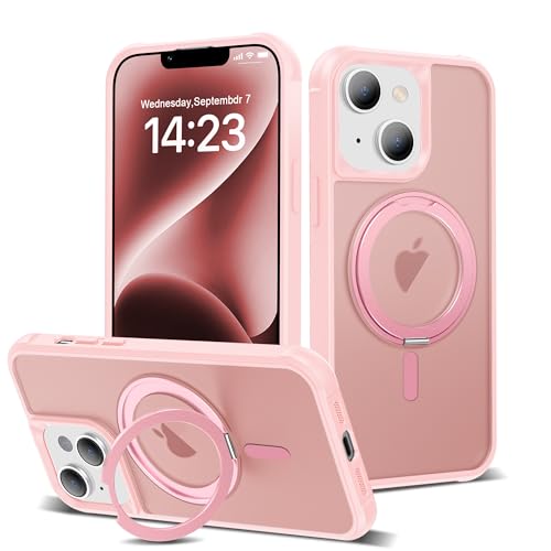 Designed for iPhone 13/14 Case with 360° Rotatable Magnetic Ring Stand [Compatible Mag-Safe] [Military Grade Protection] Translucent Matte Phone Cases for Women Men 6.1'', Pink - color: Pink, size: Iphone 13/14