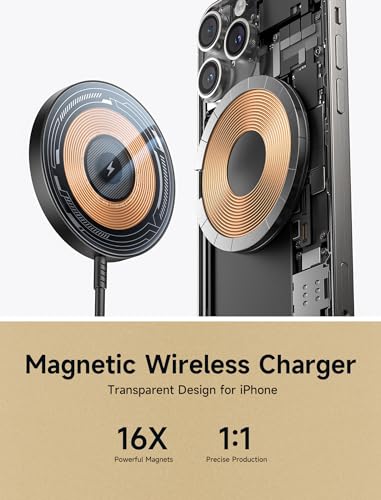 JSAUX Charger for iPhone 17 Magsafe Wireless Charging, Compatible with iPhone 17 Air Pro Max/16/15/14/13/12 Series, Magnetic Mag Safe Charging Pad, Aluminum Alloy, USB & USB C Dual Ports (Clear-Black) - color: Clear-Black