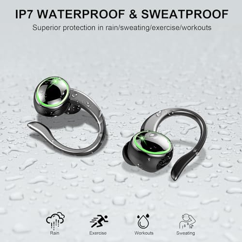 Wireless Earbuds, 2026 Bluetooth 5.4 Headphones Sports, 50 Playback Over-Ear buds with ENC Noise Cancelling Mics, Deep Bass Fitness Earphones Gym Running Workout, IP7 Headset with Earhook, LED Display - color: Shiny Black