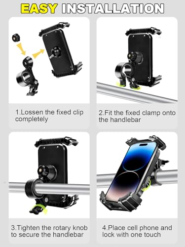 Motorcycle Phone Mount,Handlebar Phone Holder for Bike,360°Rotation,Silicone Wrapped Phone Clamp,One-Touch Quick Lock Scooter Stroller Bicycle Phone Holder,4.7- 6.8"Phones,Thick Cases Friendly - color: Black