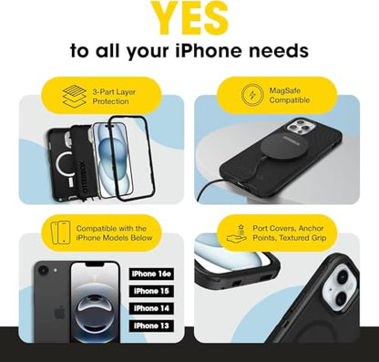 OtterBox iPhone 15, 14, & 13 (Only) - Defender Series MagSafe Case - Black - Built-in Magnets - Screenless - Rugged & Durable - with Port Protection - Holster Clip Included - Non-Retail Packaging - color: Black, style: MagSafe