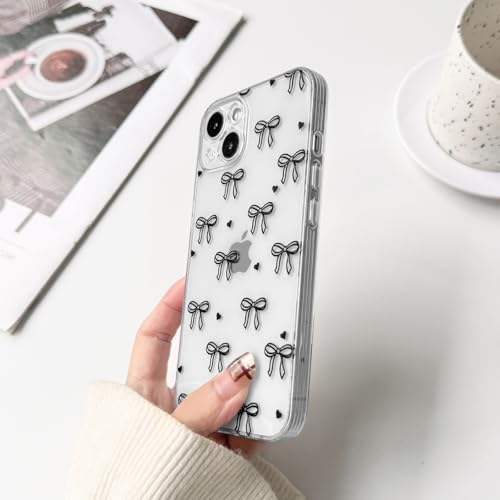 NITITOP Compatible with iPhone 13 Case Clear Cute Bow Ribbon Love Heart Pattern for Women Girls Bowknot Full Camera Lens Soft TPU Slim Shockproof Protective Cover - Black - color: Black, size: iPhone 13
