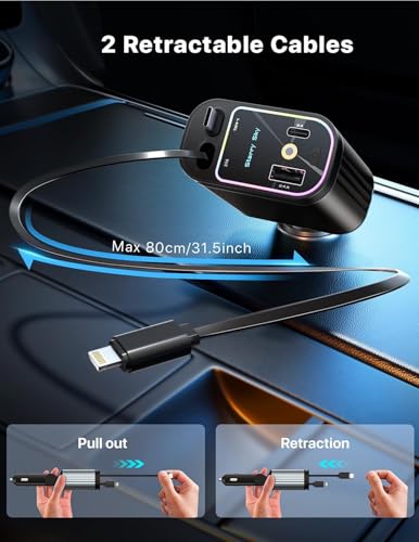 2026 Apples Approved Starlight 66W Retractable Car Charger, Starlight in Car Roof 4 in 1 Super Fast Car Phone Charger, 2 USB Ports and 2 Retractable Cables, Compatible with All iPhones and Android