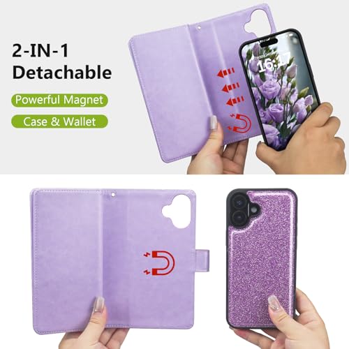 Varikke for iPhone 16 Glitter Case Wallet Magnetic Detachable, Light Purple - color: (Standard) Light Purple, size: iPhone 16 6.1"