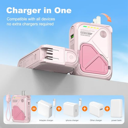 SEANCHEER P05 Portable Charger, Magnetic Power Bank, Small Wireless PowerBank, Battery Pack10000mAh Travel Essentials Fast Charging with Built in Cable, Foldable Wall Plug for iPhone,Andriod（Pink） - color: Pink