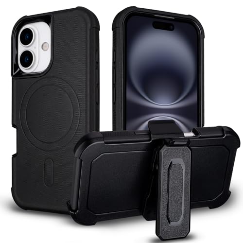 for iPhone 16 Case with Belt Clip Holster, Compatible with Magsafe, Black | Military Grade Drop Protection, 2 Layers of Sturdy, Heavy Duty Shockproof Cover for iPhone 16 Case Rugged - color: Black
