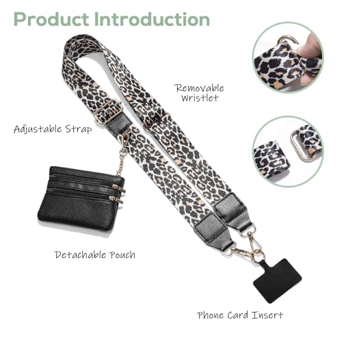 Clip and Go Phone Strap with Wallet Crossbody, Phone Chain Cross Body with Detachable Zippered Pouch, Phone Lanyard with Purse, Adjustable Mobile Strap(Leopard) - color: Leopard
