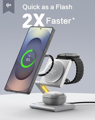 4 in 1 Wireless Charging Station for Samsung, Foldable Aluminum Magnetic Charger with LED Light for Samsung Galaxy S25/Ultra/S24/S23/S22, Galaxy Watch 8/7/6/5, Galaxy Buds/Pro - color: Silver