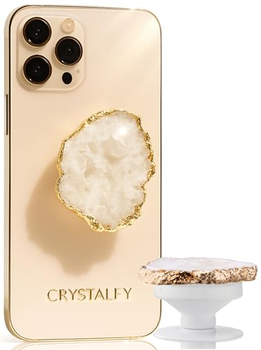 Grips by CRYSTALFY Crystal Phone Grip Holder & Expanding Kickstand-Natural Gemstone Swappable Top Accessory Compatible with iPhone, iPad, Kindle & Mobile Devices (White Clear Quartz Druzy, Adhesive) - color: White Clear Quartz Druzy, style: Adhesive