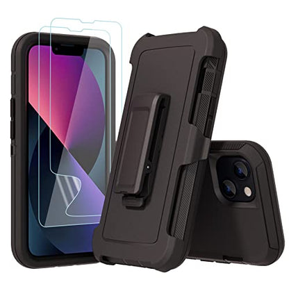 Compatible with iPhone 13 6.1 inch Case,with Screen Protectors,Heavy Duty Rugged Shockproof Full Body Protection Kickstand Case with Belt Clip Holster for iPhone 13 Phone (Black) - color: Black