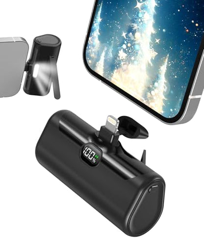 Small Portable Charger for iPhone, 5000mAh Mini Battery Pack with Builtin Metal Stand, MFi Certified Compact Power Bank with LCD Display & LED Light for iPhone 14/13/12/11/XR/X/SE/8/7/6Pro Max-Black - color: Black