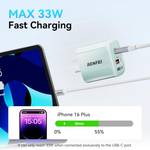 BENFEI 33W GaN USB C Fast Charger, 2-Port Two-Tone Compact Wall Charger Block, Portable Travel Charger for iPhone 17/16/15, Galaxy S25/S24/S23, Pixel 10/9/8, iPad, AirPods, MacBook, Steam Deck - color: Pink