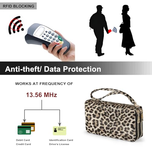 RFID Blocking Cellphone Wallet for Women with Removable Strap, Double Zipper Wristlet Bag Large Capacity, Passport Travel Clutch Purse, Leopard - color: Leopard Light Brown
