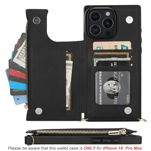 Bocasal Crossbody Wallet Case with Strap for iPhone 16 Pro Max, Black | RFID Blocking Card Slot Holder, Magnetic Flip Folio Purse Case, PU Leather Zipper Handbag Detachable Lanyard Strap 6.9 Inch - color: Black