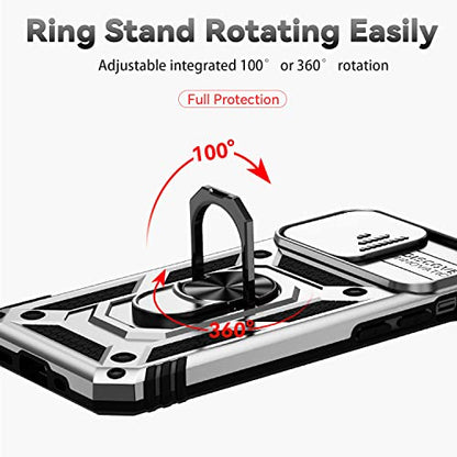 for iPhone 13 Case with Camera Lens Cover HD Screen Protector, Dual Layer [15 FT Military Grade Drop Protection] Magnetic Ring Holder Kickstand Protective Phone Case for iPhone 13 6.1 inch (Silver) - color: Silver with camera cover Military-Grade 2nd gen