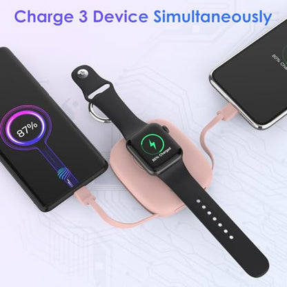 Small Portable Charger 5000mAh,iWatch Wireless Charger Mini Power Bank with Built-in Cable,Travel Keychain Charger for Apple Watch 11/10/9/8/Ultra/7/6/Se/5/4,iPhone 17/16/15/14/13/12,Android Phone - color: Pink