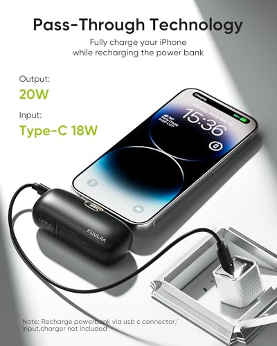 Kuulaa Small Portable Charger iPhone with Built-in Lightning Cable 5000mAh Power Bank Fast Charging for iPhone 14/13/13 Pro/12/12 Pro/11/XR/XS/X/8/7/6 Black - color: Black
