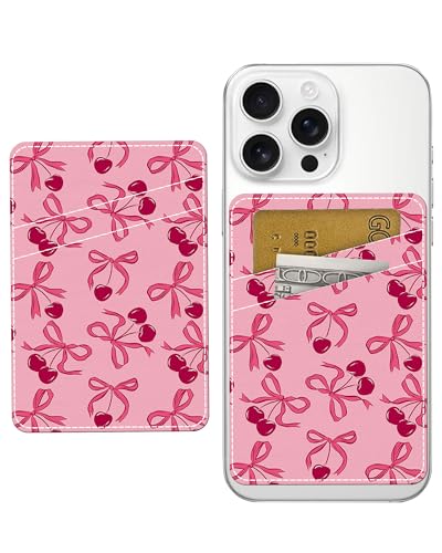 Phone Card Holder Leather, Dual Pocket Phone Wallet Adhesive Stick On, Cute Phone Case Credit Card Holder, Suitable for Most of Phones Pink Cherry Bow