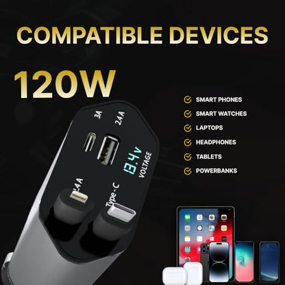 Retractable Fast Car Charger 100W for CarPlay, 4-in-1 Car Charger Adapter with 31.5" Built-in Cables & Dual USB Ports, Compatible with iPhone 11, 12,13,14,15,16,17 & Samsung Devices, Tablets and More
