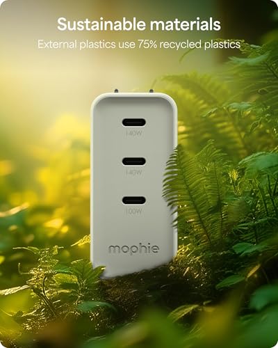 Mophie Speedport 140 GAN USB-C Charger Block - 140W Fast Wall Charger, 3× USB‑C PD Ports, Compact Foldable Prongs, Made with Recycled Materials, for Smartphones, Tablets, Headphones - style: 140W