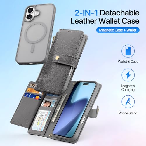 for iPhone 17 Pro Case Wallet, Detachable Magnetic Wallet Case | Compatible with Magsafe, RFID Blocking, Zipper Card Holder, PU Leather Flip Folio Case, Strap Wallet Case - color: Gray, size: iPhone 17