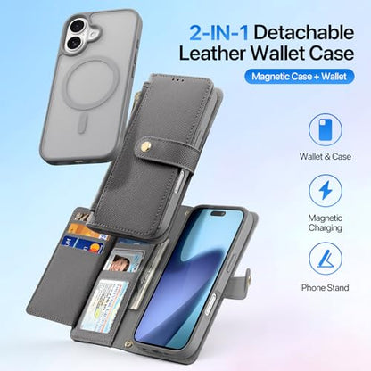 for iPhone 17 Pro Case Wallet, Detachable Magnetic Wallet Case | Compatible with Magsafe, RFID Blocking, Zipper Card Holder, PU Leather Flip Folio Case, Strap Wallet Case - color: Gray, size: iPhone 17