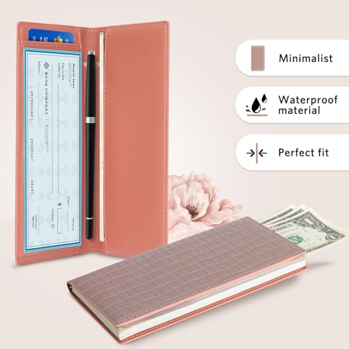 CoBak Checkbook Cover for Women & Men - PU Leather Case with RFID Blocking | Classic Design Check Book Holder for Personal and Business - color: Crocodile Pink