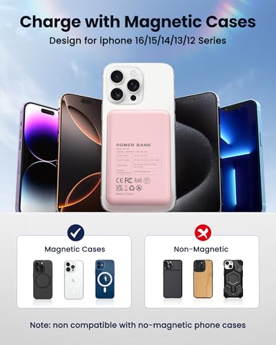 for Magsafe Battery Pack 12000mAh Magnetic Power Bank Portable Charger 20W USB C Fast Charging Wireless Charger for iPhone 17/16/15/14/13/12 - color: Pink