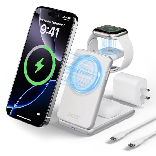 Acer 3 in 1 Charging Station for iPhone, Wireless Charger Stand,15W Fast MagSafe Charger for iPhone 17 16 15 14 13 12 Series-Apple Watch 11 10 9 8 7 6 5 4 3 2 SE and Ultra Series-Airpods 4 3 2 Pro - color: SL-S3-White