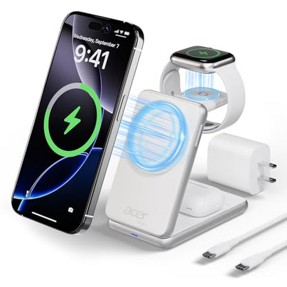 Acer 3 in 1 Charging Station for iPhone, Wireless Charger Stand,15W Fast MagSafe Charger for iPhone 17 16 15 14 13 12 Series-Apple Watch 11 10 9 8 7 6 5 4 3 2 SE and Ultra Series-Airpods 4 3 2 Pro - color: SL-S3-White