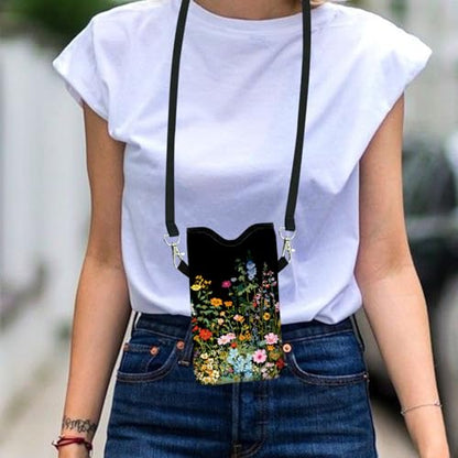 Neoprene Cell Phone Sleeve Pouch Case Bag with Crossbody Strap Neck Lanyard for Women 7.1 X 3.9 in Flowers Plants - color: Flowers Plants