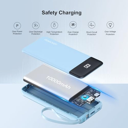 Portable Charger Built-in Cables,10000mAh Fast Charge Power Bank for iPhone - color: Blue
