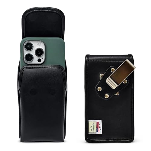 Turtleback Belt Clip for iPhone 16 Pro Max, 15 Pro Max, 14 Pro Max -Small- Fits w/Slim MagSafe Style Cases, Premium Black Leather, Vertical Belt Holder, Magnetic Closure HD Rotating Belt Clip - color: Vertical - Leather w/ HD Clip, size: Small