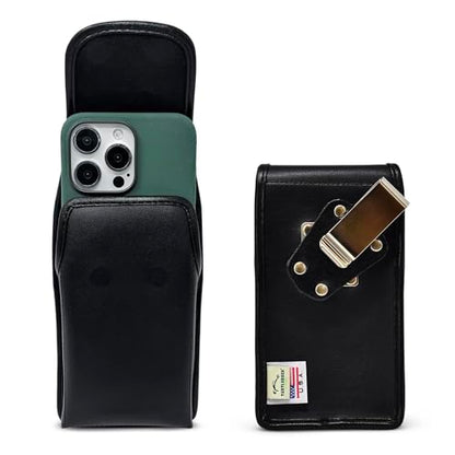 Turtleback Belt Clip for iPhone 16 Pro Max, 15 Pro Max, 14 Pro Max -Small- Fits w/Slim MagSafe Style Cases, Premium Black Leather, Vertical Belt Holder, Magnetic Closure HD Rotating Belt Clip - color: Vertical - Leather w/ HD Clip, size: Small