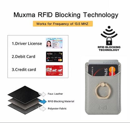 Card Holder Sleeve with Ring, RFID Credit Wallet PU Leather Stick On Back Grip for iPhone Samsung Smartphone - Silver - color: Silver